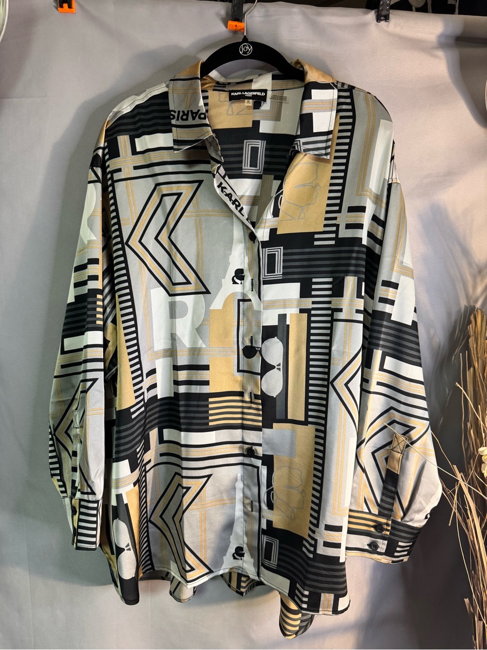 Karl Lagerfeld Geometric Print Button-Down Shirt — Black, White & Gold